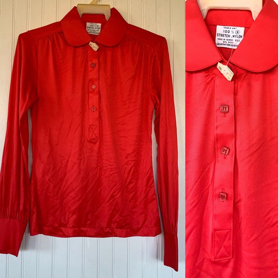 Vintage Nylon Bright Red Disco Blouse Medium Shir… - image 1