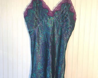 Vintage 90s Size L Victorias Secret Paisley Slip Purple Blue Green Gold Large Nineties Valentine's Gift Bride Bridal Sexy Lingerie Boudoir