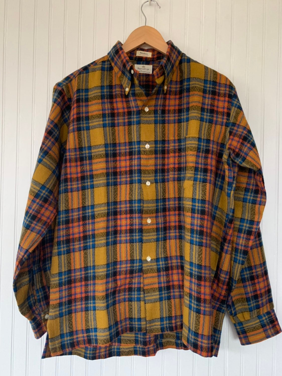 50s Vintage Wool Plaid Shirt Long Sleeve Top Size Medium Mustard Yellow ...