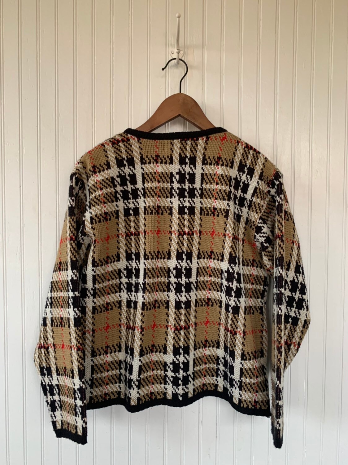 Vintage 80s Tally-Ho Tan Black White Red Plaid Cardigan Sweater Faux ...