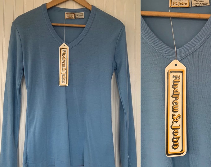 Deadstock Vintage 80s Light Blue V Neck Pullover Long Sleeve Large Basics 70s nos Fall Boho Tops Med 34 M L M/L