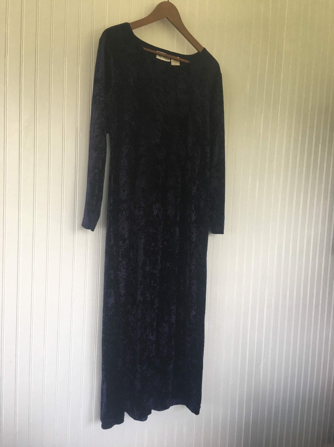 Vintage 90s Dark Purple Velour Maxi Dress Goth Long Sleeve 8 10 Medium ...