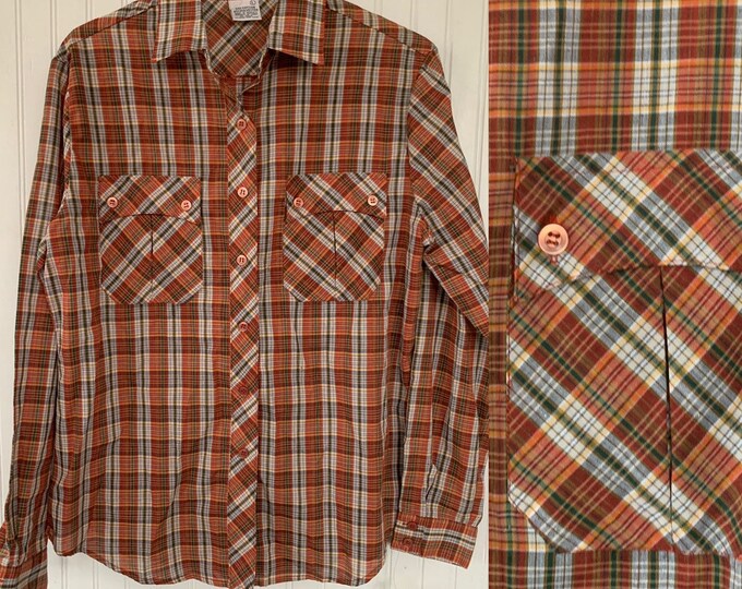 NWT 80s Deadstock Vintage Plaid Long Sleeve Shirt Large Orange Green White Button Down Shirt Western Hipster NOS L LG 36 Med