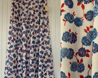 Vintage Deadstock 80s Red Blue Floral Skirt White Striped Below Knee Elastic Waist XS Small Sm Boho 70s NOS Unique