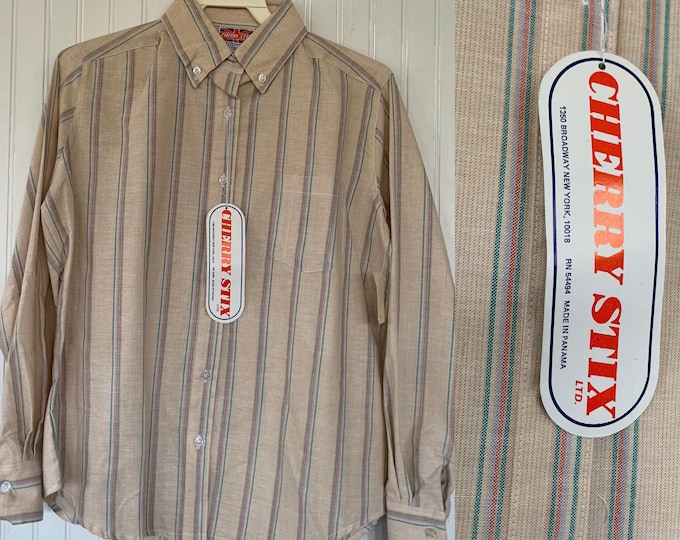 Vintage 80s Deadstock Beige Teal Blue Coral Stripe Button Down Shirt Small S M NWT 36 Oxford Spring Unisex Top work Shirt S/M