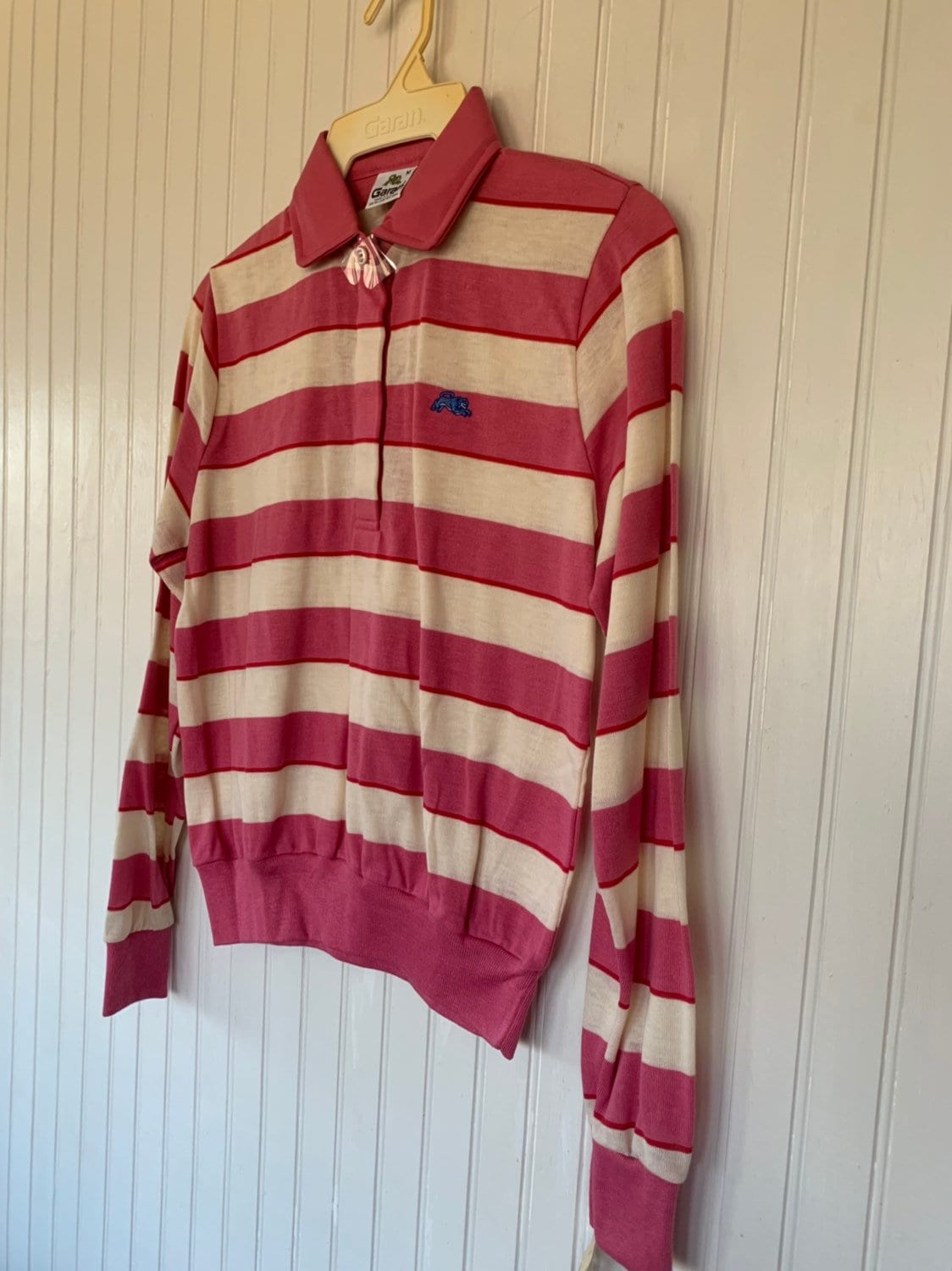 NWT 80s Vintage Garan Pink White Red Striped Long Sleeve Polo Shirt ...