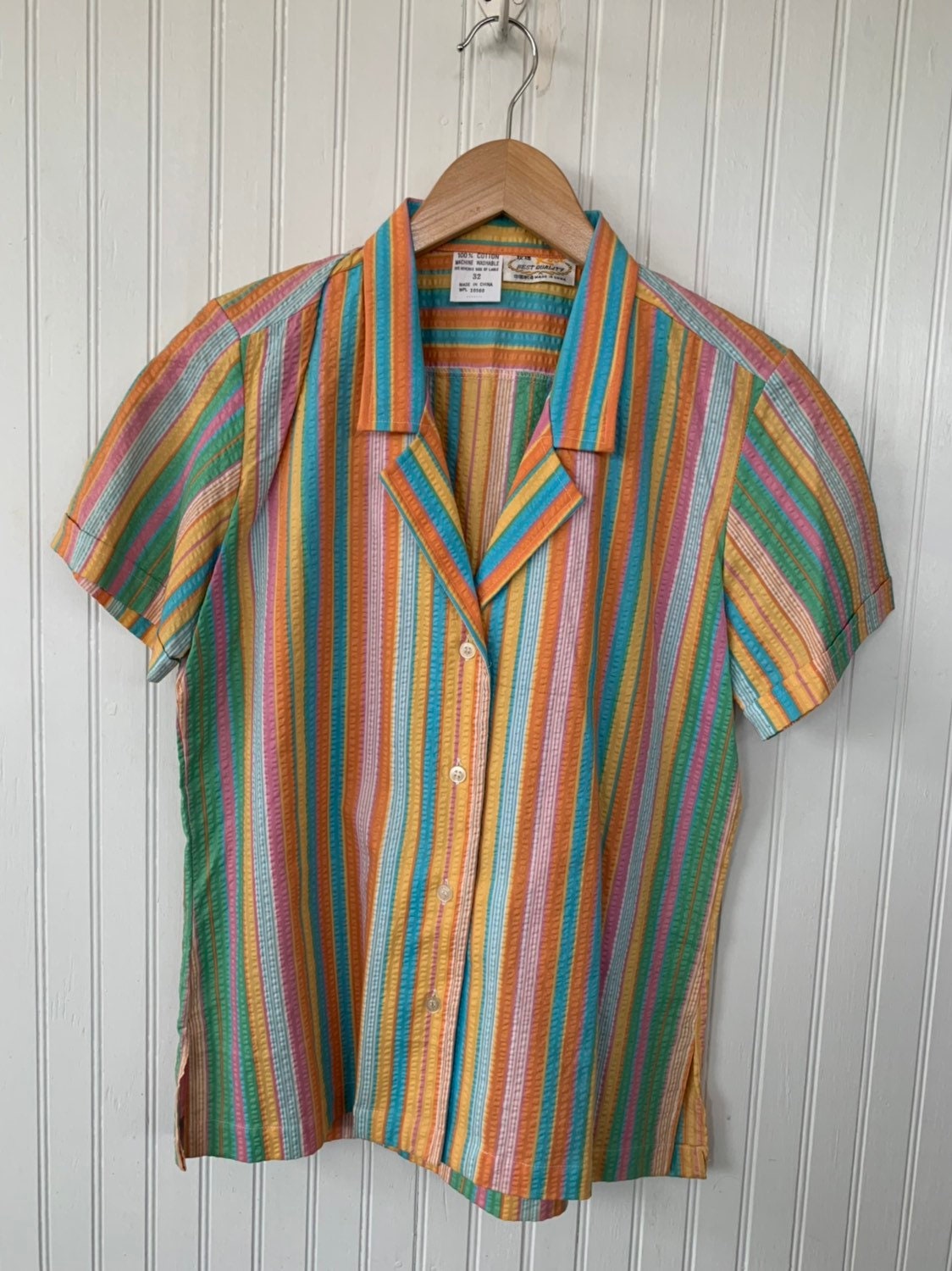 Vintage NWT 80s Vintage XS Rainbow Stripe Short Sleeve Shirt Bright ...