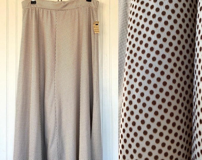 Vintage Deadstock 80s High Waist Skirt White Brown Polka Dot Below Knee Elastic Waist Small Sm Boho 70s NOS Christmas Polyester Pinup