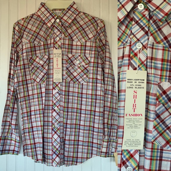 NWT 80s Deadstock Vintage Plaid Long Sleeve Shirt 32 Small XS 