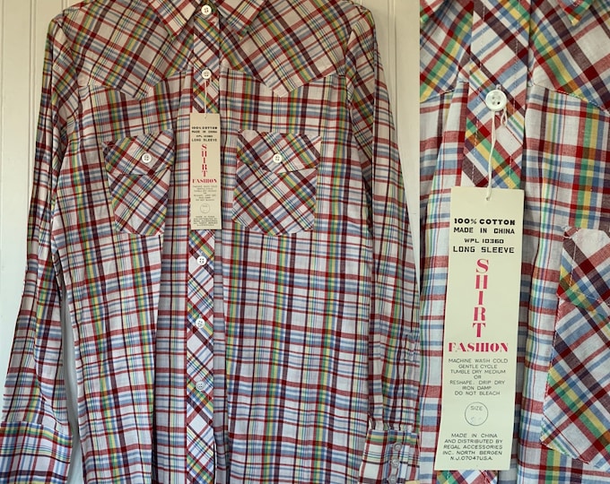 NWT 80s Deadstock Vintage Plaid Long Sleeve Shirt 32 Small XS Colors Red Blue Yellow Green Brown Black White Button Down Western Unique Mens