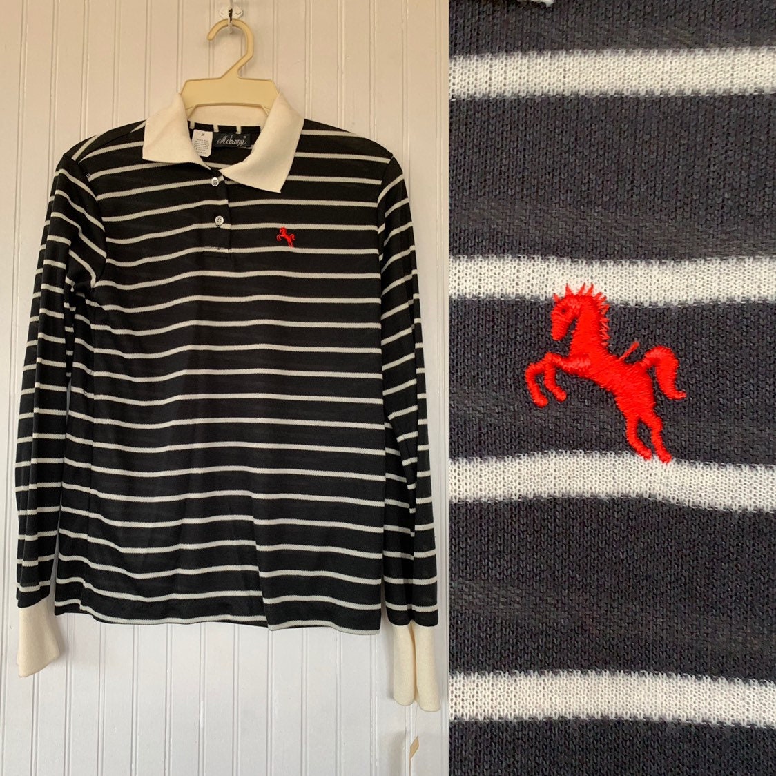 black long sleeve polo shirt with red horse