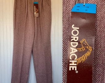 NWT Vintage 80s Jordache Deadstock Tweed High Waisted Trousers 30 Dark Red Maroon Beige Herringbone Large Medium Original Tags Boho Pleated