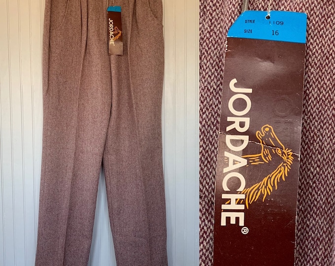 NWT Vintage 80s Jordache Deadstock Tweed High Waisted Trousers 30 Dark Red Maroon Beige Herringbone Large Medium Original Tags Boho Pleated