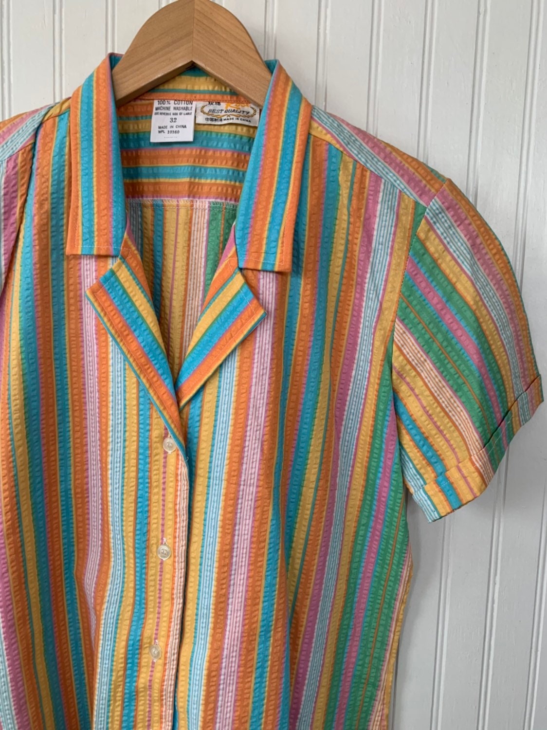 Vintage NWT 80s Vintage XS Rainbow Stripe Short Sleeve Shirt Bright ...