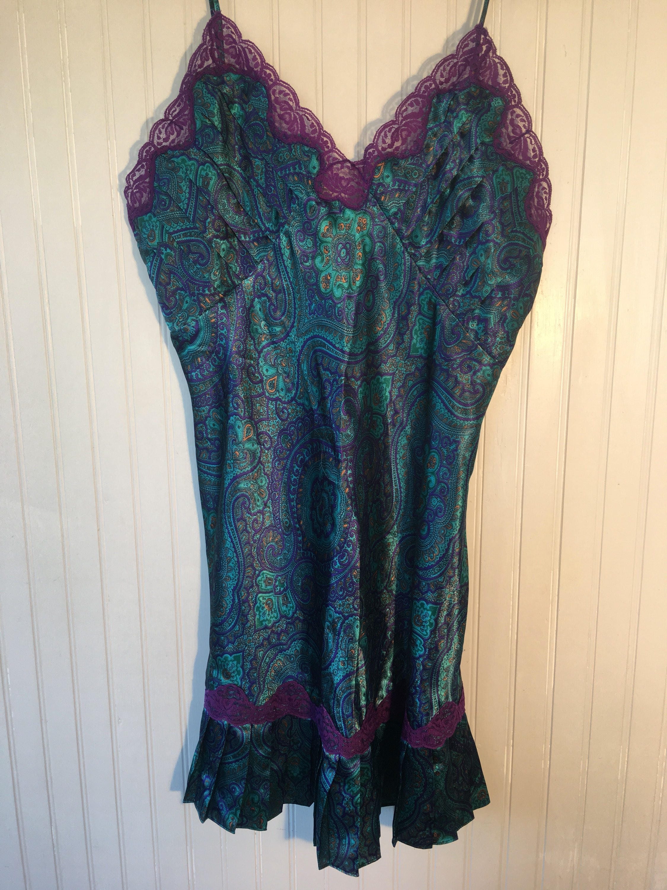 Vintage 90s Size L Victorias Secret Paisley Slip Purple Blue Green Gold ...