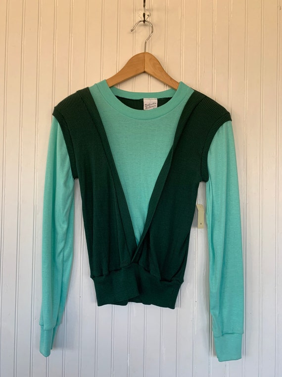 Vintage 70s Small Long Sleeve Top / Shirt Seafoam… - image 2