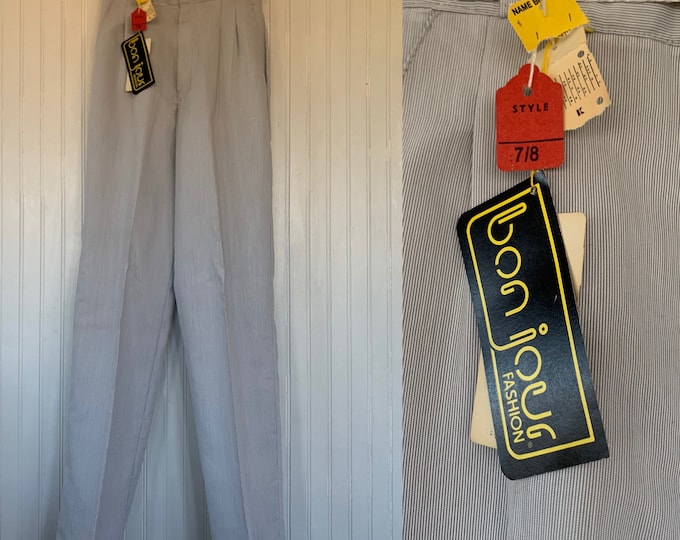 Deadstock Vintage 80s XS Gray White Striped Trousers Belt High Waisted Pants Wide Leg 25 24 Spring