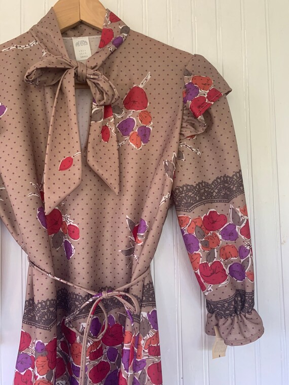 Vintage 70s Small Beige Brown Puff Sleeve Floral … - image 6