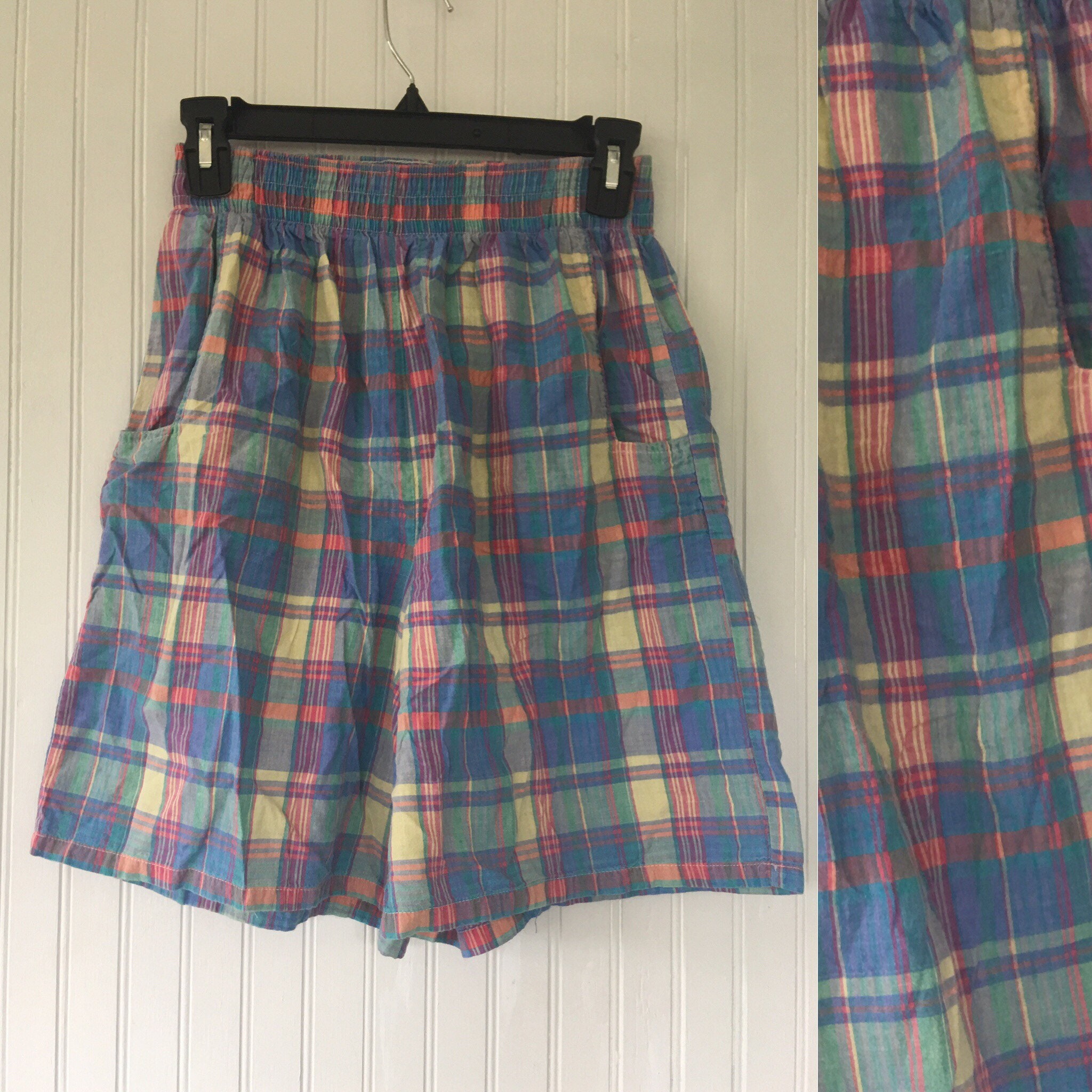 Vintage 90s XS Small Madras Plaid Long Shorts High Waist Elastic Soft ...