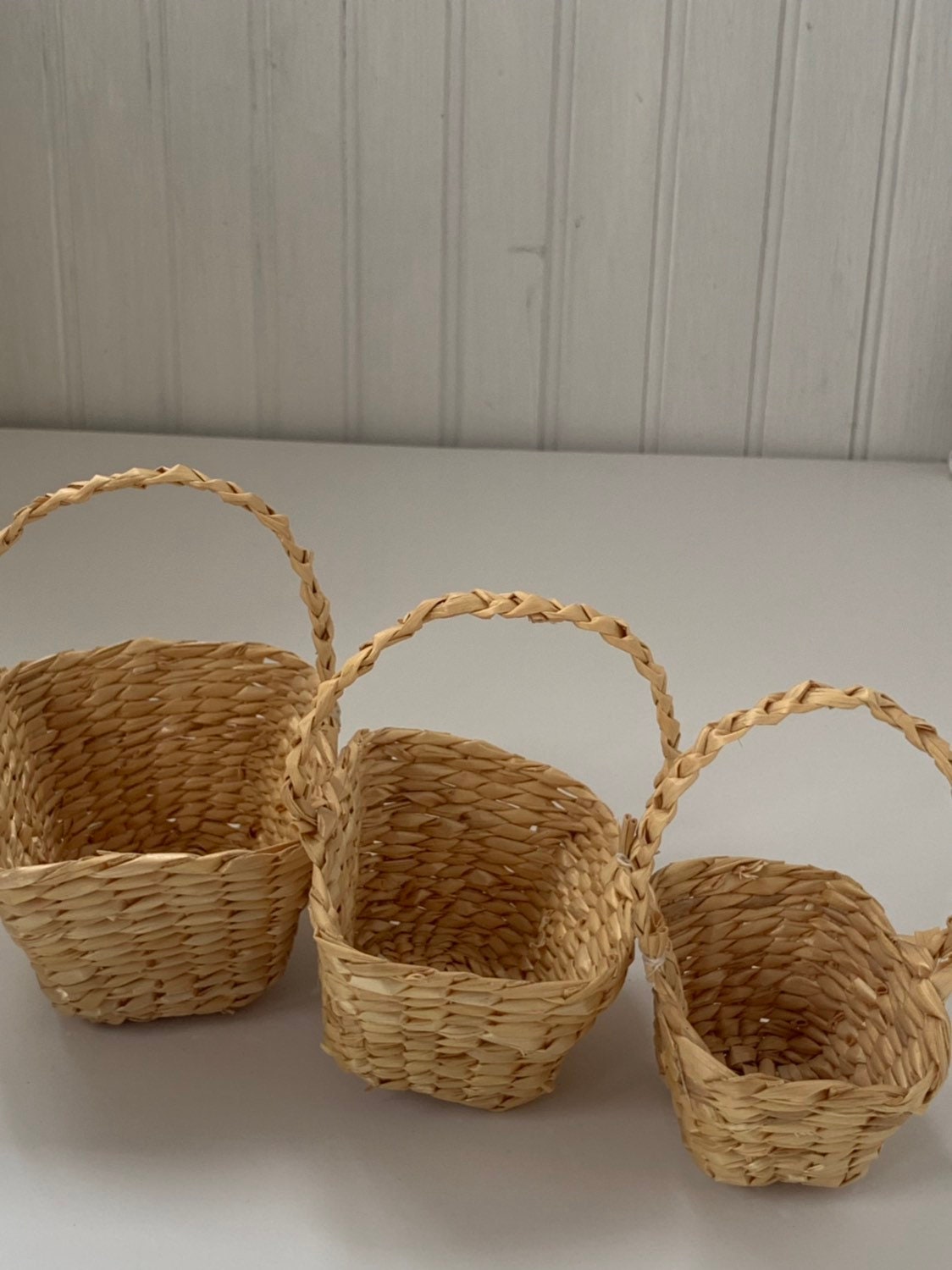 Set of 3 Vintage Deadstock 80s Miniature Wicker Stacking Baskets Home