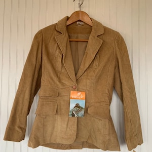 NWT Vintage 80s Corduroy Blazer Tan Jacket Coat Medium S/M S Med Small 70s Deadstock Cord Pockets Wide Collar Boho Puff Sleeve Shoulder Pads