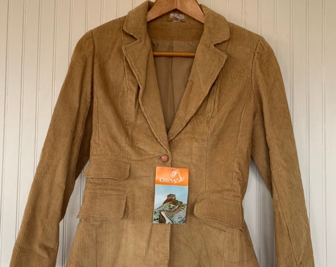 NWT Vintage 80s Corduroy Blazer Tan Jacket Coat Medium S/M S Med Small 70s Deadstock Cord Pockets Wide Collar Boho Puff Sleeve Shoulder Pads