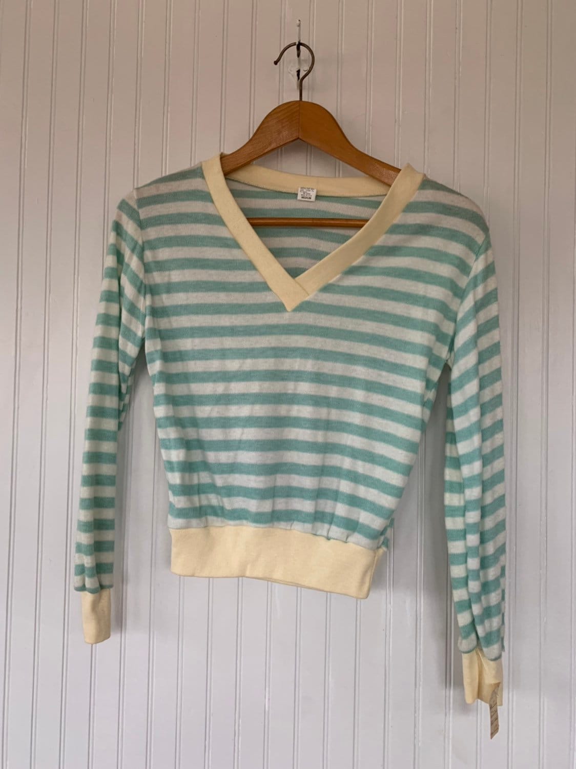 NWT Vintage 80s Striped Shirt Pastel Mint Green White Ivory Sweater