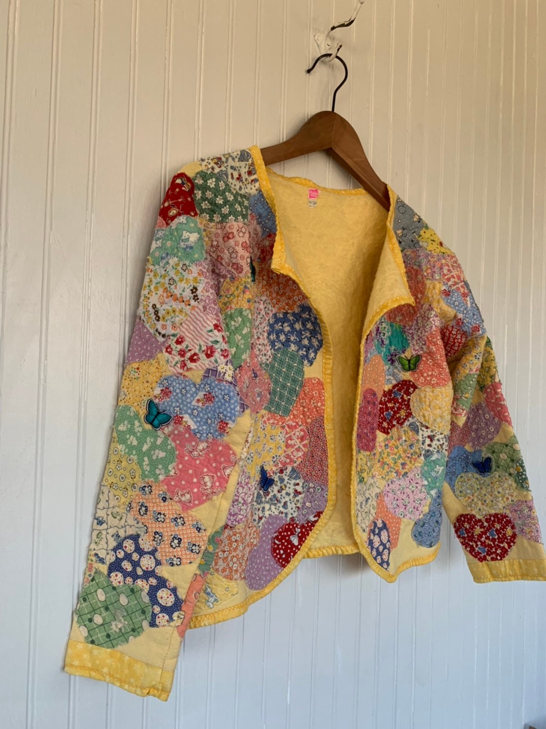 Vintage Yellow Hearts Patchwork Quilted Jacket Embroidered Butterfly ...