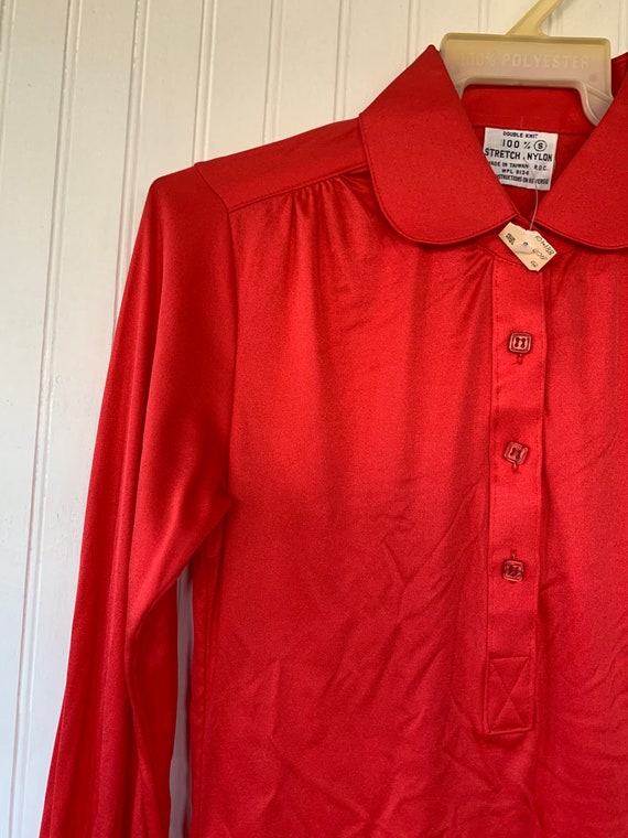 Vintage Nylon Bright Red Disco Blouse Medium Shir… - image 4