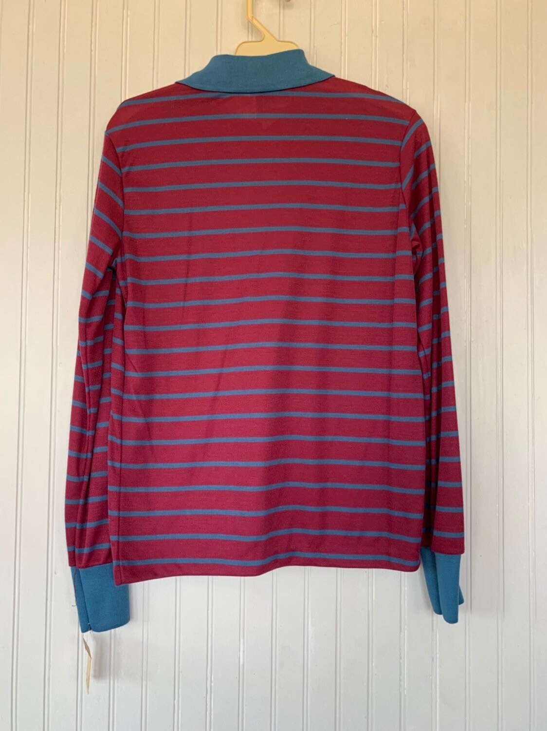 NWT 80s Vintage Blue Dark Red Striped Long Sleeve Polo Shirt Medium Top ...