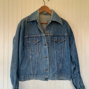 Vintage 80s Roebucks Blue Jean Jacket Denim Coat Worn In Size Large L Med M LG Rare Eighties XL Grunge Sears