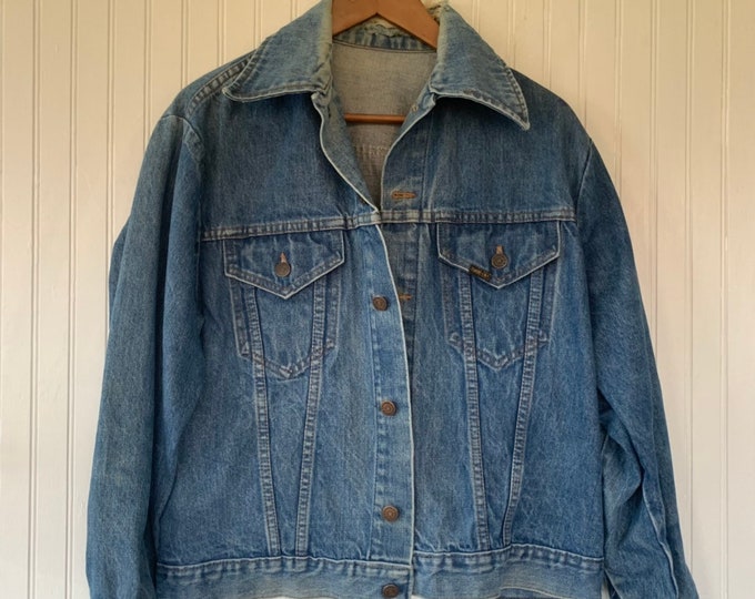 Vintage 80s Roebucks Blue Jean Jacket Denim Coat Worn In Size Large L Med M LG Rare Eighties XL Grunge Sears