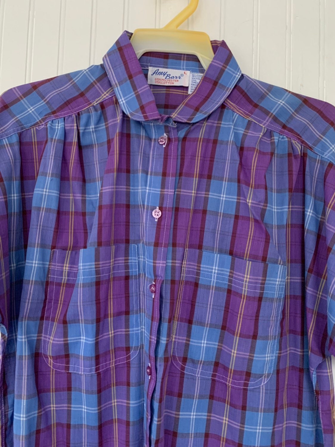 NWT Vintage 80s Large Plaid Short Sleeve Shirt Top Purple Blue White ...