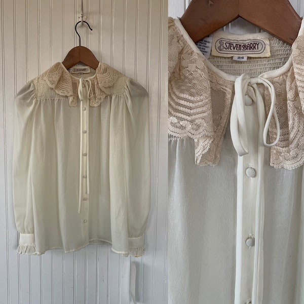 NWT 80s Vintage Small Ivory Off White Puff Sleeve Lace Ruffle Sheer Shirt Size Medium Button Down Shirt 70s  Deadstock Boho M S Lace Top