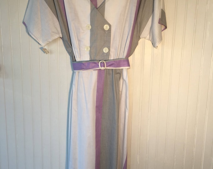Vintage NWT 80s Plaid Dress Size M Purple Grey White Pastel Printed Short sleeve Pin Up Summer Fresees M Medium M/L Large