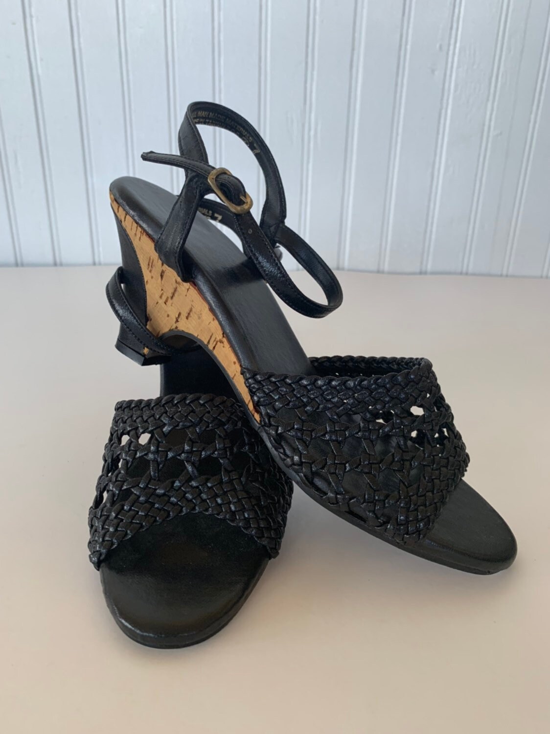 Vintage 70s Deadstock Size 7 Vegan Leather Sandals Black Woven Wedge ...