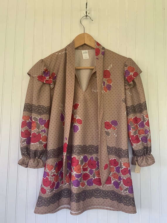Vintage 70s Small Beige Brown Puff Sleeve Floral … - image 2