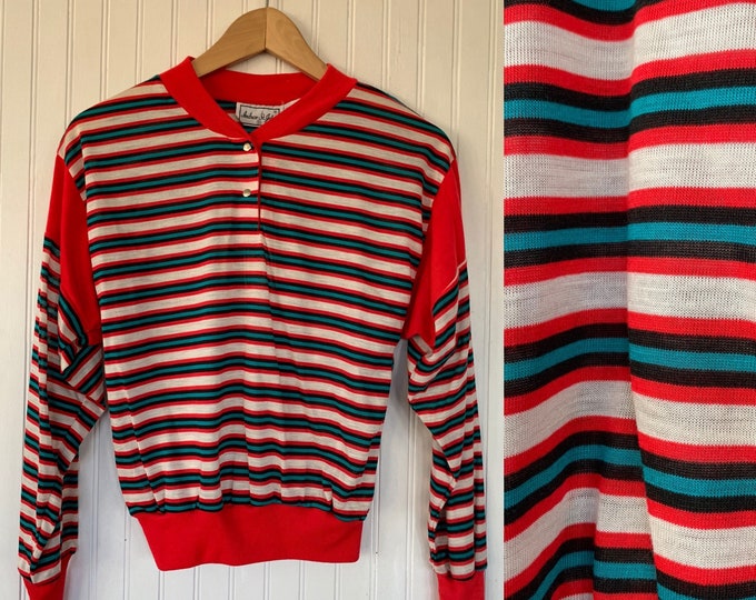 Vintage 70s 80s XS Red White Black Teal Snap up Striped Long Sleeve Top Shirt XS/S Size Small deadstock Sportswear Comfy crew neck