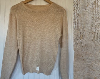 NWT Vintage 80s Large Nude Oatmeal Tan Beige Pullover Knit Sweater Deadstock 70s nos 38 M/L M Med Grey Textured Sheer Boho Tops