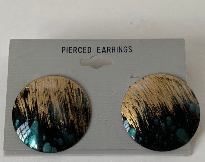 Vintage 90s Deadstock Stud Metal  Earrings Pair Circle Gold Black Teal painted Design Unique NOS Unworn 1990s Funky Mod Art Deco