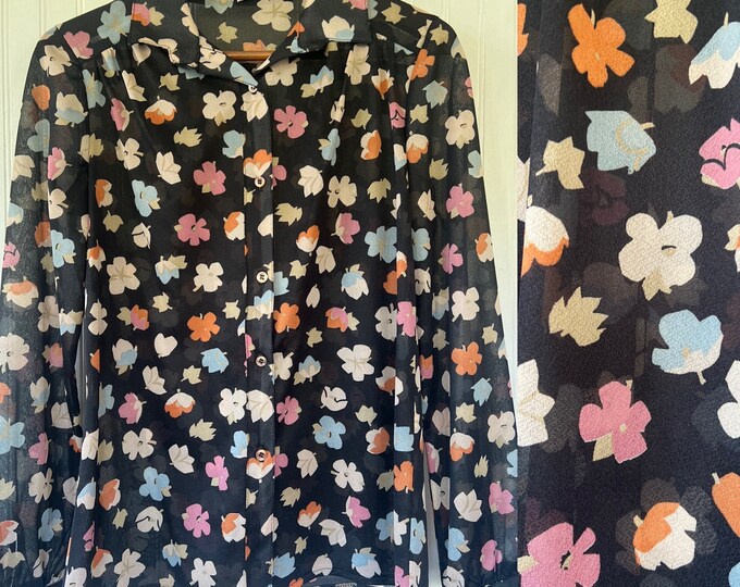Vintage 70s Sheer Black Floral Button Up Blouse Medium Med Large M Shirt Dressy Top Seventies Vandy by Vanderbilt