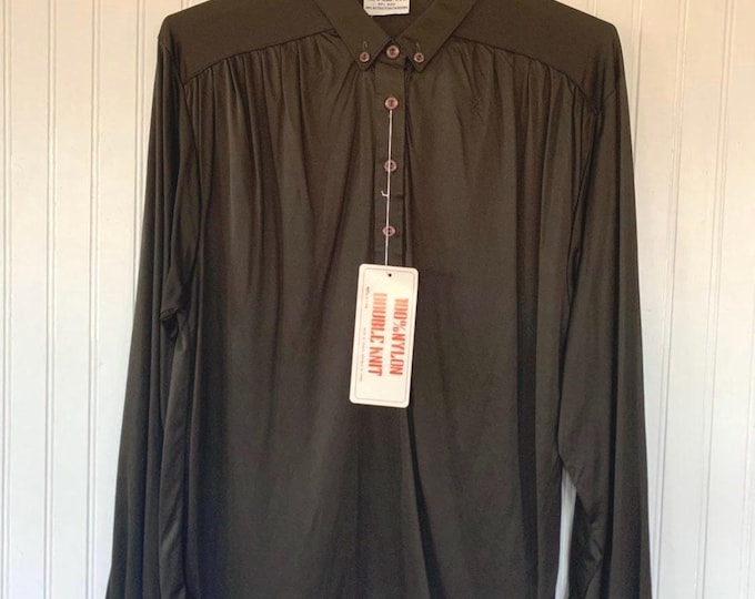 Vintage Nylon Disco Blouse Shirt Button Down Top Size Large - Brown  -  Stretch - Deadstock NWT Spring Summer Festival 70s 80s L Med M