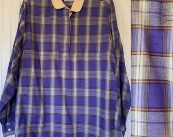 NWT Vintage 80s Large Plaid Flannel Long Sleeve Shirt 40 Top Purple Orange White Snap Down Shirt L M/L Med Deadstock Western Fall Amy Barr