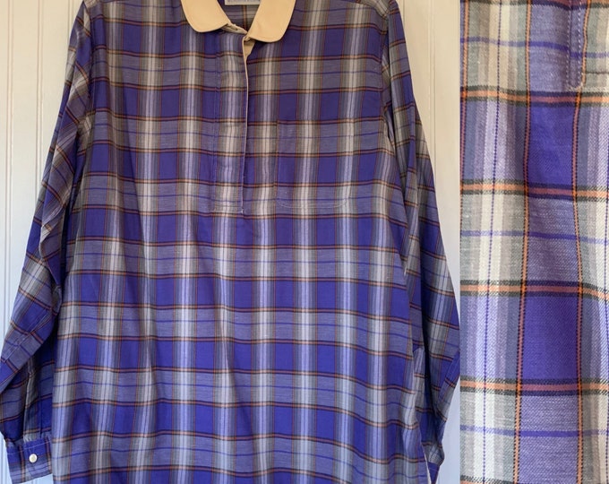NWT Vintage 80s Large Plaid Flannel Long Sleeve Shirt 40 Top Purple Orange White Snap Down Shirt L M/L Med Deadstock Western Fall Amy Barr