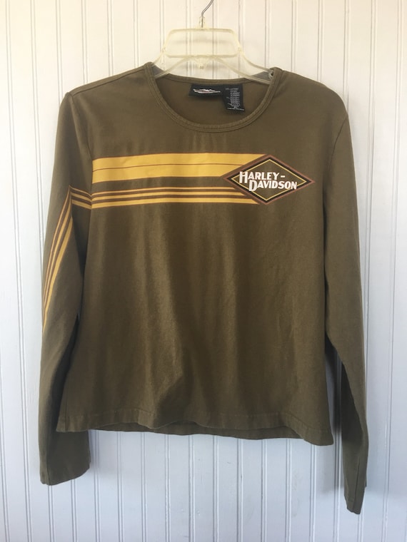 Vintage 90s Harley Davidson Long Sleeve Stripe Logo Tee Olive 