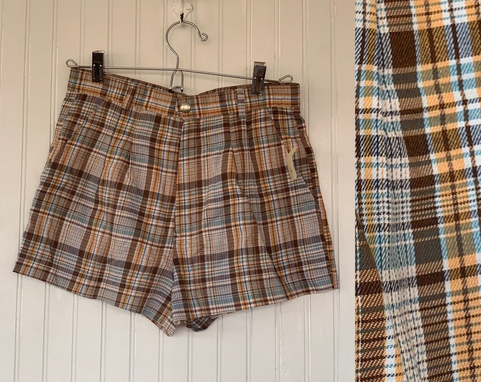 Deadstock Vintage 70s Plaid Short Booty Shorts XS Small 26 waist Off White Orange Blue Brown Festival Summer 25 sexy 80s