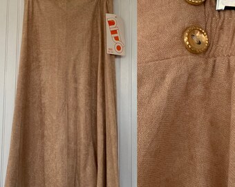 Vintage Deadstock 80s Skirt Beige High Waist Below Knee Elastic Waist Medium Large L M/L 8 9 10 Boho 70s NOS NITO Microsuede Faux Suede