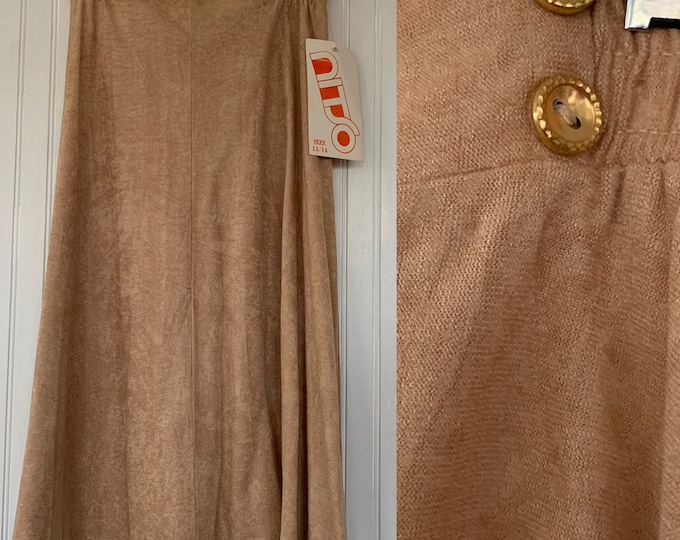 Vintage Deadstock 80s Skirt Beige High Waist Below Knee Elastic Waist Medium Large L M/L 8 9 10 Boho 70s NOS NITO Microsuede Faux Suede