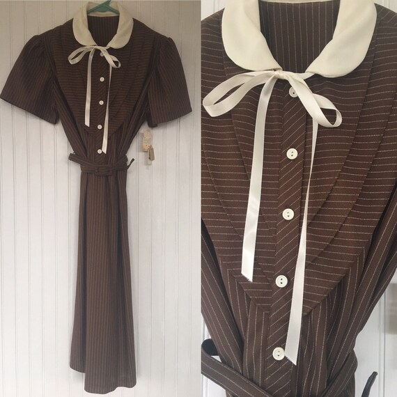 Vintage NWT 70s Brown White Ruffled Sheer Pinstrip