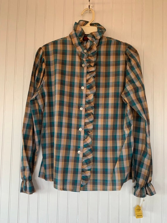 NWT Vintage Plaid Puff Sleeve Shirt Top Turquoise… - image 2